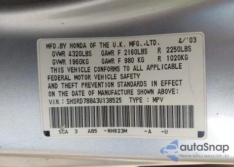 2003 Honda Cr-V Ex from USA, damaged, VIN SHSRD78843U138525